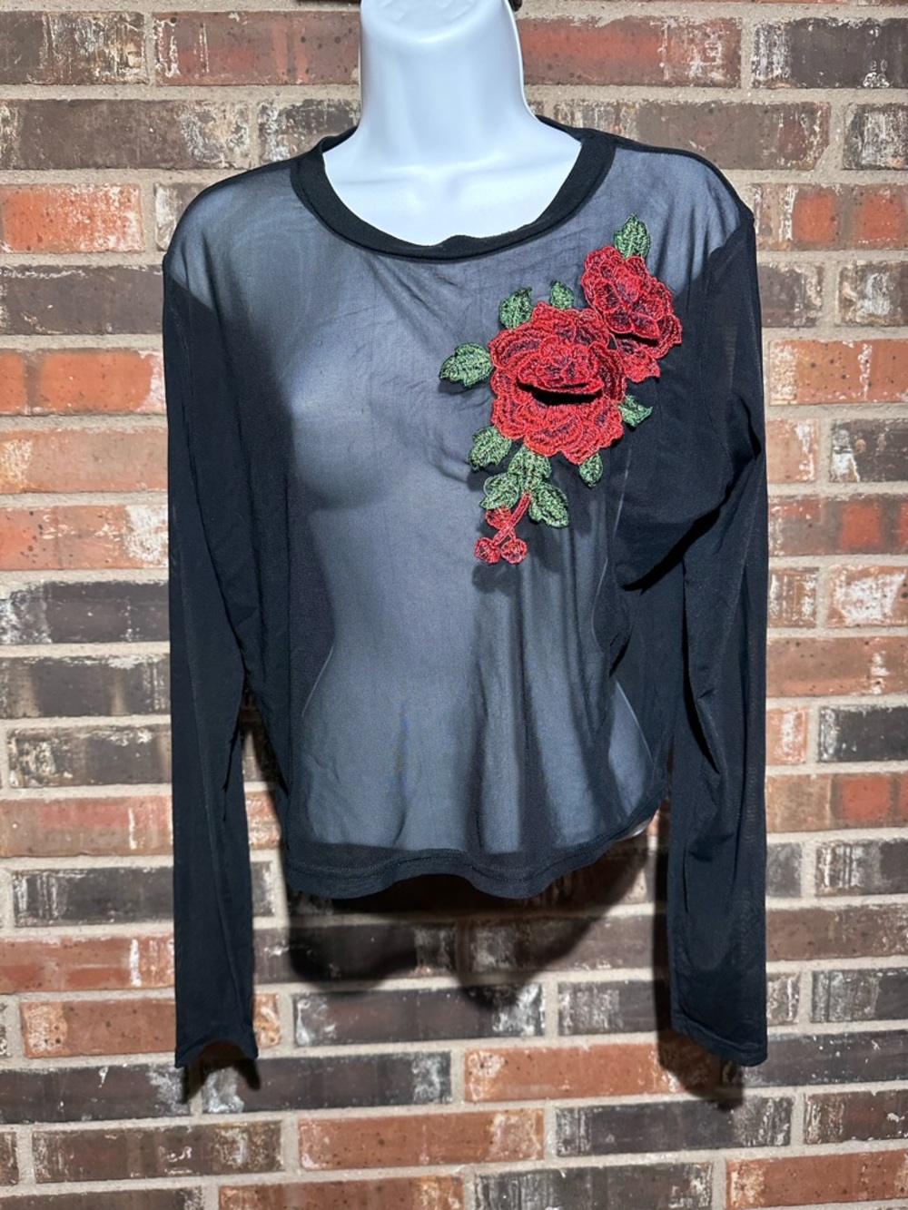 Rue21 Black Sheer Long-Sleeve Top with Red Rose Appliqué